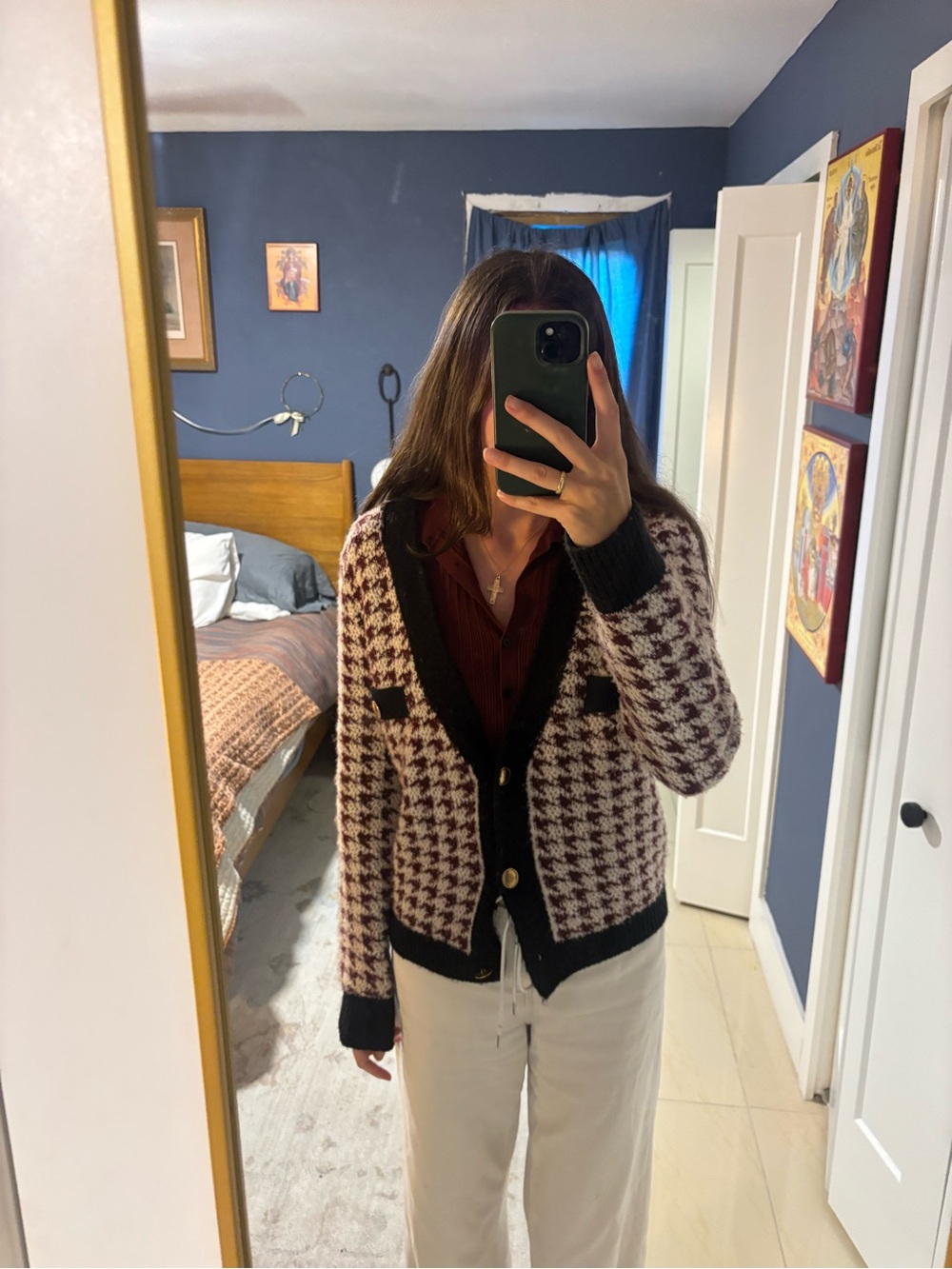 Anthropologie Burgundy and Black Houndstooth Knit Blazer Cardigan